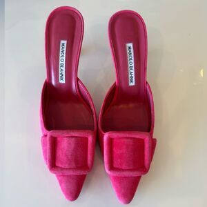 Manolo Blahnik Maysale Pink Suede Mule Kitten Heels Pumps Size EU 37.5 US 7.5